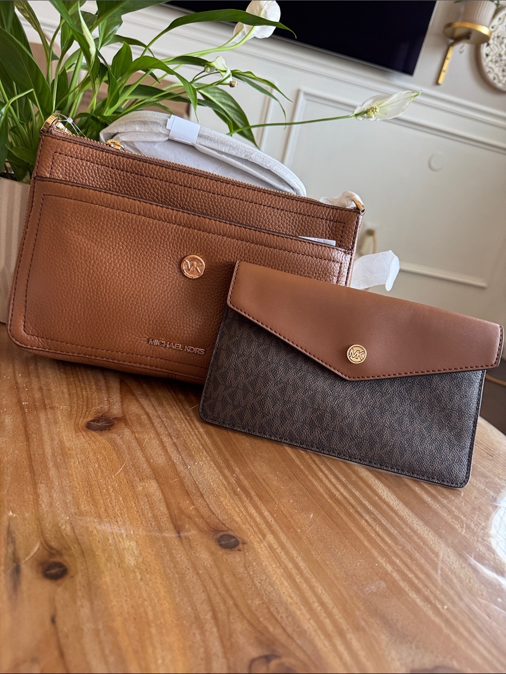 Michael Kors Tan and Brown Leather Crossbody with Signature Wallet